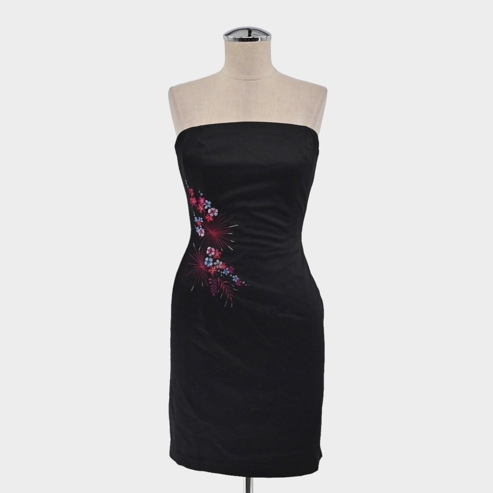 Vtg Y2k Express Strapless Mini Dress Womens Size‎ 3/4 Black Embroidered Romantic